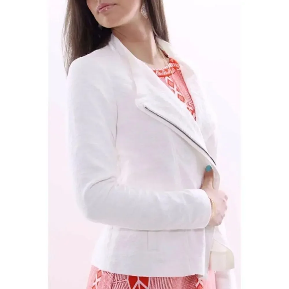 VINCE Cream TEXTURED ZIPPER FRISE asymmetrical JACKET $425 sz XXS